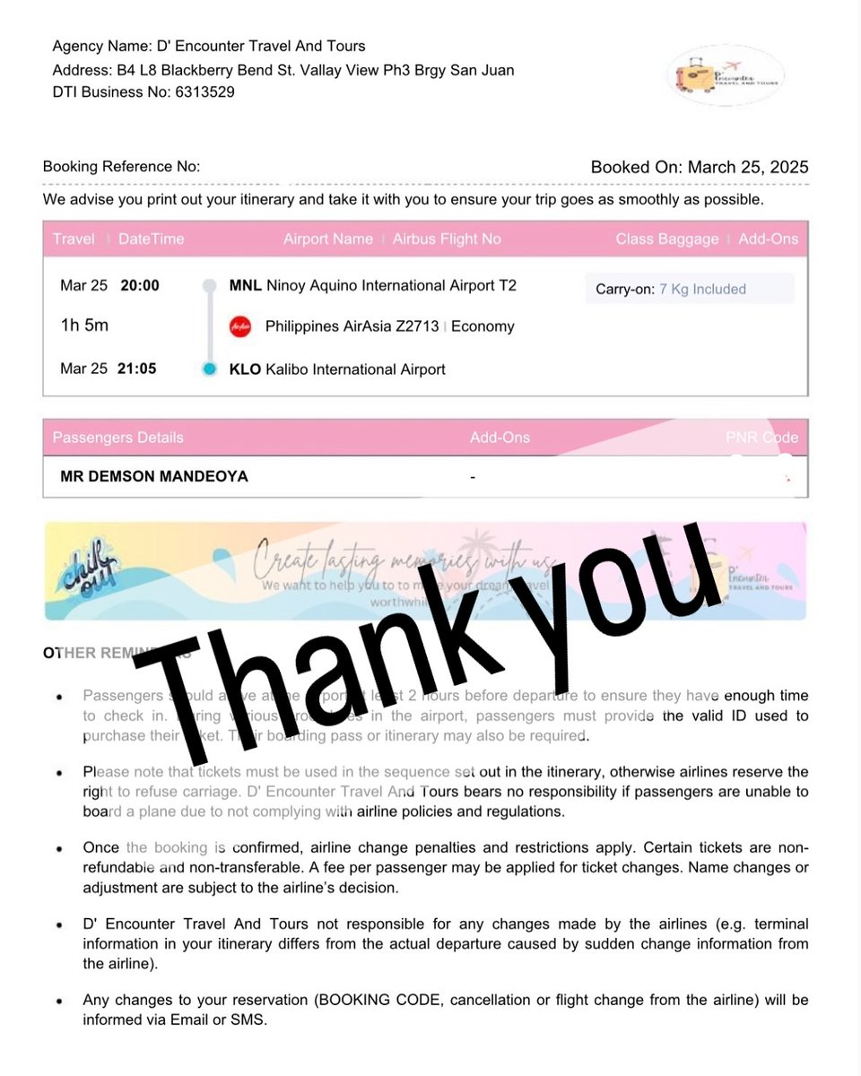 fazlrn's tweet photo. Thank you, Mr. Demson, for trusting D' Encounter Travel and Tours with your Manila to Kalibo one-way ticket. Your information is safe with us and shared only with your permission. Safe travels! https://t.co/DinjQ7evz6