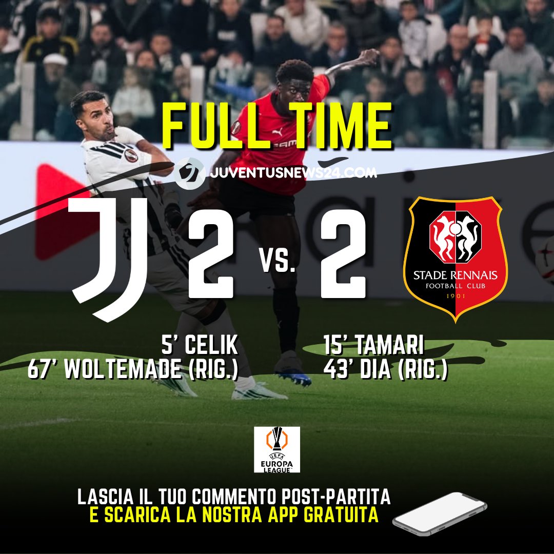 junews24com's tweet photo. Primo pareggio in Europa League, con una #Juve ancora imprecisa.
โช๏ธโซ๏ธ Apre #Celik, poi #Tamari e #Dia su rigore per il Rennes e la pareggia ancora dal dischetto #Woltemade.
Gol annullato a #Lucumi per fuorigioco sul finale di gara.
#juverennes #juventusnews24 #europaleague https://t.co/uu2c167YTl