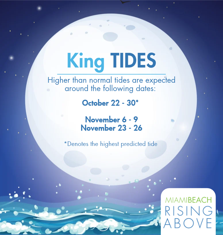 MiamiBeachNews's tweet photo. King tides are expected today, October 22 through Friday, October 30, with the highest tides predicted on Monday, October 26 and Tuesday, October 27.

These higher-than-normal tides may cause flooding in low-lying areas throughout the city. 

NOAA peak tide time predictions:
10/22 at 6:55 p.m.
10/23 at 7:24 a.m. & 7:37 p.m.
10/24 at 8:11 a.m. & 8:20 p.m.
10/25 at 8:58 a.m. & 9:04 p.m.
10/26 at 9:44 a.m. & 9:48 p.m.
10/27 at 10:31 a.m. & 10:34 p.m.
10/28 at 11:20 a.m. & 11:23 p.m.
10/29 at 12:11 p.m.
10/30 at 1:16 a.m. & 1:07 p.m.

Water levels can remain noticeably high for 1.5 to 2 hours before and after peak times. The peak times vary throughout Miami Beach based on location and do not include additional factors such as wind or rain. According to the National Weather Service, coastal flooding impacts are expected along the East Coast through early next week.

Visit https://t.co/BwwX2uzYcP to view Peak Tide Times predicted by NOAA at the Virginia Key Tidal Gauge for the rest of the King Tide season.

City staff monitors the tidal elevations and responds to reports of flooding. Avoid floodwaters and report flooding to our 24/7 Public Works Control Room by calling 305.673.7625, emailing flooding@miamibeachfl.gov or using the Miami Beach Gov app.

Read more to stay prepared: https://t.co/zDgelKTzdB