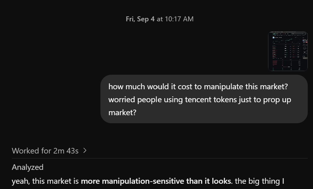 probaaron's tweet photo. I also asked ChatGPT on September 4 how much it would cost to manipulate Tencent’s market share as I was worried people were inflating usage just to move the market then https://t.co/FUrsLKj4Uc