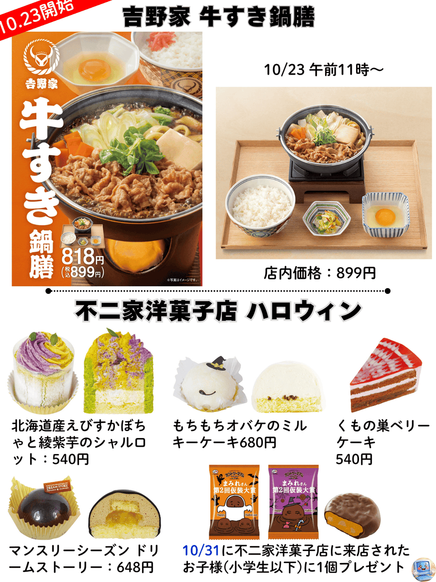 PCSIM14's tweet photo. ローソンのハロウィンスイーツ🎃🧙
《10/23発売＆CP》
②ドンキ 1品37円（税抜）クーポン🈹
③マック ハッピーセット USJ 第2弾
④バーガーキング 新作サンデー＆バーガー＆ワッパー300円OFF
⑤吉野家 牛すき鍋膳🐮
⑥不二家 ハロウィンセール
⑦無印良品週間 10％OFF
⑧GU × ポケモン

【補足】
・ドンキは第1週と第2週で各1点のみの購入ですがお得

・バーキンの割引は既に発売中の「マッシュルームワッパー」も割引対象（今回の新作はオータムスペシャル）

・吉野家は店内飲食なら、鍋膳のご飯増量・おかわりは無料（テイクアウトはご飯増量のみ）

上記、情報ソース（URL）一覧はこちらから
https://t.co/CRZv9YrbJ5