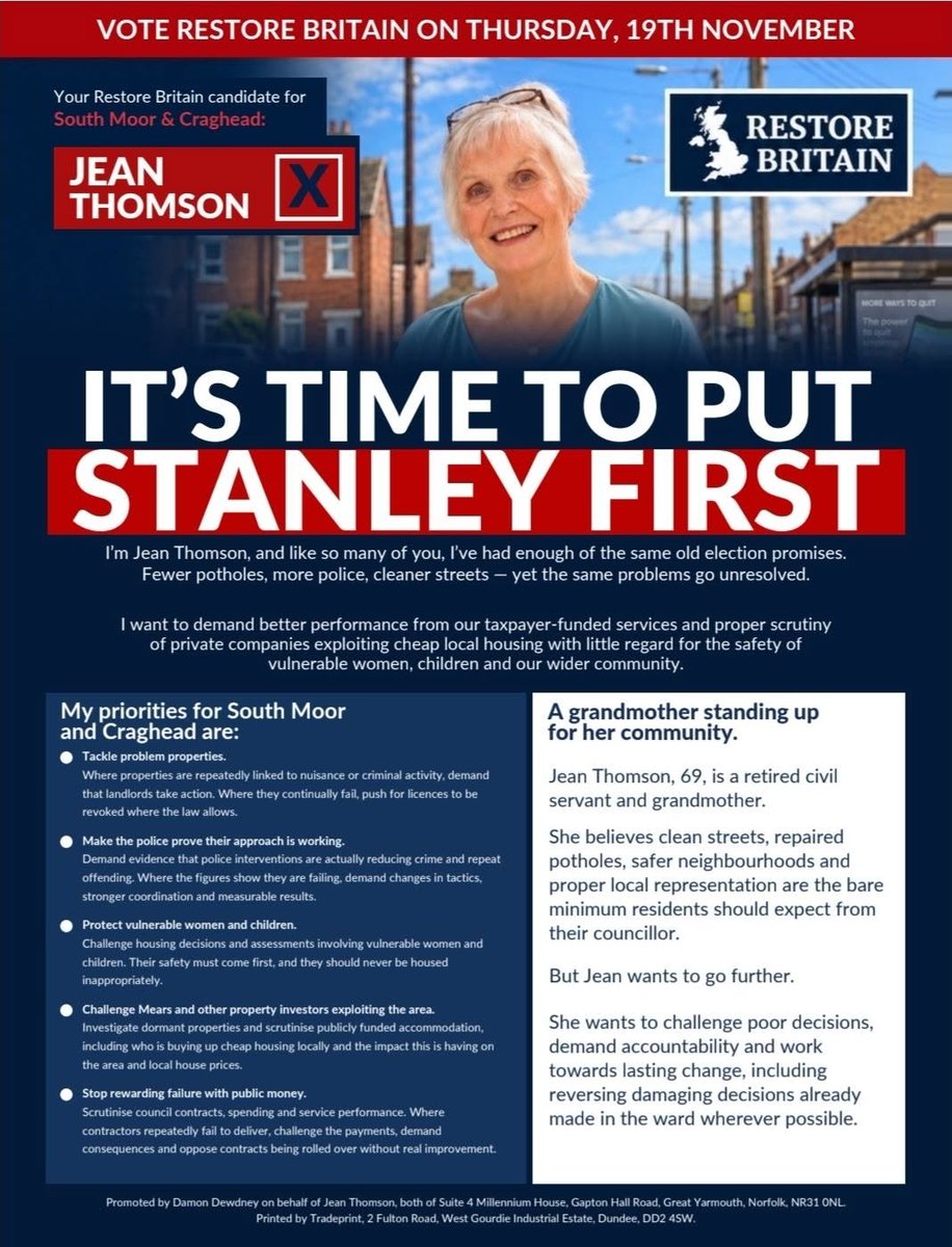 RestoreNDurham's tweet photo. 🔴 SOUTH MOOR & CRAGHEAD — NOT JUST PROMISES. A PLAN OF ACTION, BACKED BY RESEARCH.

A message from Jean:

I’m Jean Thomson, Restore Britain’s candidate for South Moor & Craghead.

Everyone promises fewer potholes, safer streets and better services. But what happens when those promises aren’t delivered?

I want to go further than identifying problems. I want to establish who is responsible, what powers can be used, and what happens when those responsible fail to act.

I won’t be doing this alone.

Restore Britain North Durham has spent months investigating property ownership, HMOs, supported accommodation, licensing records, mortgages and the companies operating across our constituency.

We already have evidence. We already have ongoing cases. And we already know many of the questions that need answering.

Here’s how I intend to put that work into practice.

🚨 1️⃣ PROBLEM PROPERTIES — ENFORCEMENT, NOT EXCUSES.

Where properties are repeatedly linked to serious nuisance, criminal activity or antisocial behaviour, I want the council to examine the evidence and hold the responsible landlords accountable.

The plan:
- Identify properties with documented recurring problems.
- Refer evidence to housing enforcement and the relevant council departments.
- Request inspections, licence-compliance checks and appropriate enforcement.
- Pursue licence revocation or other statutory measures where the legal grounds exist.

If that fails: Seek written reasons, escalate cases to senior officers and use formal complaints, scrutiny procedures or ASB Case Reviews where applicable.

The aim is to resolve the problem, not simply record another complaint.

👮 2️⃣ POLICING — PROVE THE APPROACH IS WORKING.

I want neighbourhood policing assessed against actual results.

The plan:
- Examine local crime figures, repeat incidents and identified hotspots.
- Question whether existing interventions have reduced offending.
- Press for better coordination between police, council enforcement teams and landlords.
- Seek measurable targets and follow-up reviews.

If that fails: Escalate documented concerns through senior policing representatives and the Police and Crime Commissioner’s office, using formal review and complaint routes where appropriate.

Residents deserve evidence of improvement, not endless assurances.

🛡️ 3️⃣ SAFEGUARDING — CHECK THE DECISIONS BEFORE SOMETHING GOES WRONG.

Our investigation has identified different accommodation providers operating in the same residential streets, including adjoining properties in South Moor.

Some support vulnerable young people. Others are linked to major government asylum-seeker housing contractors.

We need to establish whether placement decisions properly consider neighbouring accommodation, local risks and the suitability of the wider environment.

The plan:
- Seek reviews of relevant safeguarding and location assessments.
- Establish which organisations are responsible for placement decisions.
- Examine how local crime information, emergency cover and neighbouring accommodation are considered.
- Refer documented concerns to the appropriate safeguarding authorities.

If that fails: Escalate unresolved evidence to senior children’s services officers, safeguarding partners or regulators, depending on their responsibilities.

Protecting vulnerable people requires proper assessments, clear responsibility and action when failings are identified.

🏚️ 4️⃣ HMOs, MEARS AND PROPERTY INVESTORS — FOLLOW THE EVIDENCE.

Our North Durham property investigation identified:
📍 46 Mears properties that are owned/licensed or both
📍 17 Mears-linked properties with documented connections through a wider business and ownership network
📍 Properties purchased for as little as £30,000–£40,000 before appearing in Mears-linked licensing records
📍 Different accommodation providers operating in close proximity in parts of South Moor and New Kyo, including vulnerable people being housed beside undocumented asylum seekers

✅ We are already taking action.

In Annfield Plain, our North Durham team has submitted multiple objections and further representations concerning a proposed five-bedroom HMO on Front Street.

We examined nearby licensing records, challenged the information provided about surrounding HMOs and raised concerns about parking, amenity, management arrangements and community safety.

We continued examining the application when revised documents were submitted.

The case is now scheduled for consideration by Durham County Council’s North Area Planning Committee on 29 October. Our representations will be put before councillors.

That is the practical approach I want to continue.

The plan:
- Monitor new HMO applications and changes of property ownership.
- Examine applications against planning policies and existing local housing concentrations.
- Submit evidence-based objections where there are valid planning grounds.
- Request enforcement investigations where there is evidence of unauthorised use.
- Follow applications through to committee decisions where appropriate.

If an objection is unsuccessful: Examine the decision, scrutinise any conditions imposed, monitor compliance and report suspected breaches for enforcement. Where an application is refused and appealed, submit relevant evidence through the appeal process.

The objective is proper scrutiny before decisions are made, not simply complaints after the consequences are felt.

💷 5️⃣ PUBLIC MONEY — FOLLOW THE CONTRACTS AND CHALLENGE POOR PERFORMANCE.

I want to know what public money is being spent on, what services are being delivered and what happens when contractors repeatedly fail.

The plan:
- Examine relevant council contracts and published spending information.
- Request performance data and explanations for poor delivery.
- Challenge unsupported spending and questionable contract renewals.
- Seek formal scrutiny or audit consideration where the evidence warrants it.

If that fails: Escalate unresolved questions to senior officers, scrutiny committees and the appropriate audit or complaint procedures.

Public money must come with measurable responsibility.

---

📋 MY FIRST 90 DAYS — THREE COMMITMENTS RESIDENTS CAN MEASURE.

I won’t promise that one councillor can solve every problem in three months.

But I can promise work that residents can check, question and hold me accountable for.

🔴 FIRST 30 DAYS — OPEN THE BOOKS.

I will establish a dedicated resident casework process and publish our first public action register.

Using our existing research, I’ll prepare the first formal evidence packs on priority housing, enforcement and safeguarding concerns and submit them to the relevant authorities.

Residents will know what has been raised, with whom, and what answers we’re seeking.

Sensitive addresses and personal information will remain confidential.

🔴 BY DAY 60 — DEMAND ANSWERS AND ESCALATE UNRESOLVED CASES.

I will have formally requested a coordinated response to our documented housing and safeguarding concerns from the relevant council services and other responsible agencies.

Outstanding issues will be followed up with written requests for decisions, reasons and next steps.

Where the evidence and procedures justify it, I’ll initiate formal complaints, review requests or scrutiny referrals.

No issue will be recorded as resolved simply because somebody has sent an acknowledgement.

🔴 BY DAY 90 — PUBLISH THE RESULTS.

I will publish my first South Moor & Craghead Accountability Report, setting out:
✅ What issues were investigated.
✅ Which authorities were contacted.
✅ What answers were received.
✅ What action has actually been taken.
✅ What remains unresolved and what the next escalation will be.

If progress has been made, residents will see the evidence. If it hasn’t, residents will know why and what I intend to do next.

---

💷 WHO PAYS FOR THIS?

The initial work will use the existing councillor role, established council procedures, publicly available records and support from our research team.

I am not proposing a new taxpayer-funded department or an uncosted spending programme.

Any proposals requiring additional public expenditure would need to identify the funding source, the expected benefit and the impact on existing services.

🔎 WHO HOLDS ME ACCOUNTABLE?

You do.

Through published action reports, transparent casework updates, public meetings and clear explanations of what has — and hasn’t — been achieved.

Accountability must apply to everybody — including me.

---

SOUTH MOOR & CRAGHEAD DESERVES MORE THAN ANOTHER LIST OF ELECTION PROMISES.

Our research work started before this by-election was called. The Annfield Plain objections demonstrate that the team is already using the available procedures to challenge decisions.

My commitment is to carry that evidence-led approach into Durham County Council, pursue the available powers and report the results.

RESEARCH. EVIDENCE. ACTION. ACCOUNTABILITY.

JEAN THOMSON
Restore Britain Candidate
South Moor & Craghead

📅 Thursday 19 November 2026