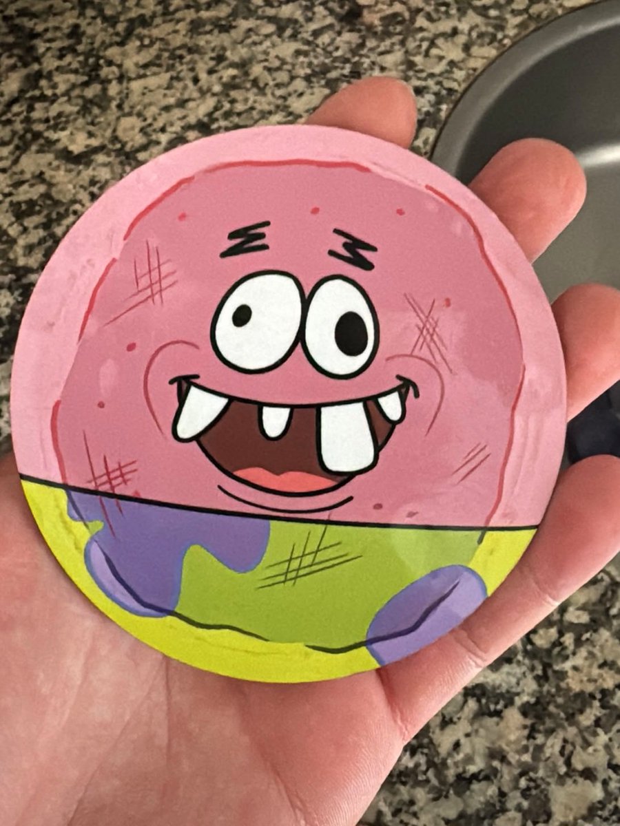 pizza990's tweet photo. a patrick star coaster i drew and printed for my friends birthday back in 2024. still cracks me up https://t.co/mfYkjU0NA2