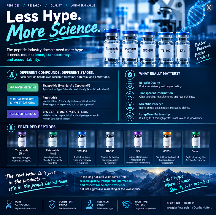 Dinadxtuy's tweet photo. 🧬 Less Hype. More Science.

The peptide industry doesn’t need more hype.
It needs more science, transparency, and accountability.

Not all peptides are the same — they sit at very different research stages:
✅ Tirzepatide: Approved medicine
🔬 Retatrutide: Clinical / investigational
📚 BPC-157, TB-500, KPV, MOTS-c, Semax: Preclinical research peptides

What truly counts for your work:
• Reliable quality & rigorous testing
• Transparent sourcing and batch data
• Respect for scientific evidence
• Trusted, long-term partnerships

The real value isn’t just in the vial.
It’s in the standards, documentation, and consistency behind every compound.

We prioritize reproducible results over flashy marketing or race-to-the-bottom pricing.
Quality over promises.

#Peptides #Biotech #PeptideResearch #QualityMatters