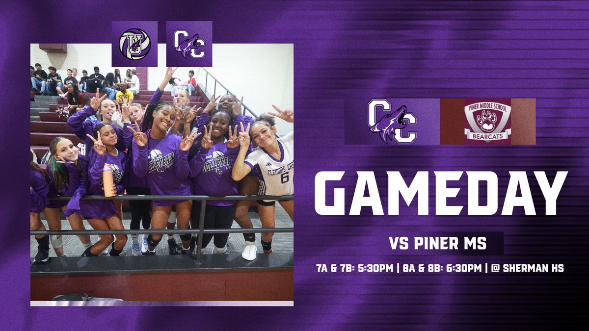AnnaCCMSSports's tweet photo. 🏐IT’S GAMEDAY!!🏐

Come out and cheer on your Lady Coyotes as they take on Piner tonight at Sherman High School!

Both 7th-grade teams, 7A and 7B, will play at 5:30 PM, followed by 8A and 8B at 6:30 PM.

We hope to see you there! #CU🏐💜 https://t.co/BJd8bYyzoa