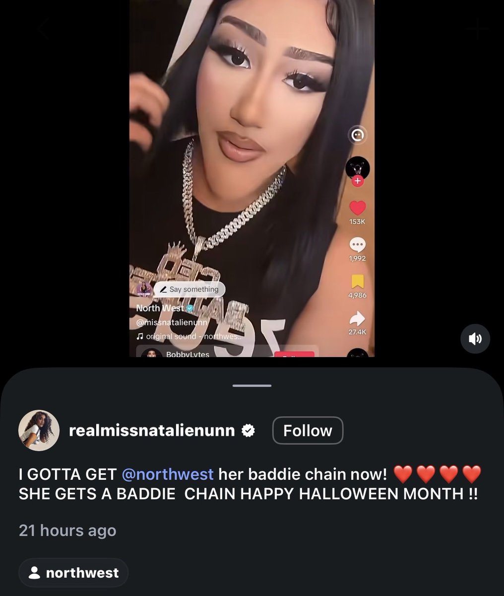 Yeeezyrih's tweet photo. Natalie Nunn is LOVING North West dressing as her for Halloween 😂❤️

“I gotta get North West her baddie chain now! ❤️❤️❤️❤️ she gets a baddie chain” https://t.co/7IIvYRFhtD