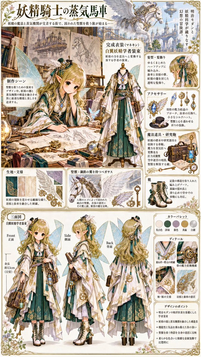 Alola_0503's tweet photo. 妖精の魔法と蒸気機関が交差する街で、囚われた聖獣を救う旅が始まる。『妖精騎士の蒸気馬車』明治モダンと妖精科学が織りなす幻想衣装。🪽⚙️🦄

#GAFU

プロンプト👗
-----------------

【テーマ・物語の世界観】
妖精の魔法科学と蒸気機関が融合した、美しい明治モダンの都市。人間のエゴによって囚われた、鋼鉄の翼を持つ純白の聖獣ペガサスを救うため、妖精の力を道具へ変換する妖精学者が、魔力とボイラーを搭載した装甲蒸気馬車で空中迷宮へ挑む。物語に根差した幻想的な衣装と、髪型から小物まで統一したフルコーディネートをゼロからデザインする。

【デザインの優先順位】
①物語と冒険場面への適合、②衣装とフルコーディネートの独創性、③添付キャラクターの個性。現在の服装は流用せず、衣装・髪型・アクセサリー・靴・バッグ・魔法道具まで新規設計する。

【衣装・フェアリーパンク×明治モダン】
明治期の和洋折衷の装いを基礎に、着物の打ち合わせ、重ね衿、袂、帯の美しさと、西洋式のテーラード仕立てを融合する。妖精学者ならではのロング羽織と端正な袴、非対称の布パネル、細かなプリーツを組み合わせ、空中での作業に適した動きやすさも確保する。乳白色、深いエメラルド、古い真鍮、淡い藤色を基調に、ペガサスの白銀をアクセントにする。布地には妖精の羽の翅脈を思わせる繊細な織り、襟や袖には羽根の曲線と歯車の構造を融合した刺繍を施す。腰帯には魔力を蒸気圧へ変換する小型機構を組み込み、金属の留め具や透明な魔力管を仕立ての一部として配置。装飾を貼り付けるだけにせず、衣装の構造そのものから魔法科学と明治モダンの気品を表現する。

【髪型・アクセサリー】
添付キャラクター本人の髪色と個性を維持しながら、衣装に似合う上品なまとめ髪や編み込みを新規設計。真鍮の歯車と白銀の羽根を組み合わせた簪、妖精の翅を封じた透明な髪飾り、耳飾り、首飾り、ブローチ、手袋まで統一する。胸元には聖獣と心を通わせる羽根型の魔力結晶を配置。小さなシルクハットやゴーグルを採用する場合も、和装との調和を優先し、顔を隠さない。

【靴・バッグ・魔法道具】
足元は編み上げブーツに足袋の構造を取り入れ、真鍮の留め具と滑り止めを備えた独創的なデザイン。妖精の標本と研究器具を収納する革製の研究鞄、魔力を測る圧力計、妖精の力を変換する携帯式魔法装置、空中迷宮の地図、聖獣を解放する鍵を装備する。蒸気管や魔力結晶には具体的な機能を持たせ、各アイテムを衣装と同じ素材・色・造形で統一する。

【聖獣・物語との結びつき】
鋼鉄の翼を持つ純白のペガサスを物語の象徴とする。羽根の構造、白銀の装甲、真鍮の関節を衣装の意匠へ反映。聖獣を捕らえる鎖と、それを解く鍵のモチーフを対比させ、主人公の救出への決意を表現する。ペガサスを単なる装飾にせず、衣装の各意匠に救出の物語を結びつける。

【デザイナーとしてのキャラクター】
添付キャラクター本人が作業机で衣装画を描き、反物、レース、羽根の標本、真鍮部品、魔力結晶、研究道具を並べてデザインを調整している姿を描く。完成衣装を着て立つだけのモデル構図は禁止。

【必須レイアウト】
縦9:16のファッションデザインリファレンスシート。上下2段を明確に分ける。

上段約55％：左側にキャラクター本人が衣装をデザインしている制作シーン。右隣に独立した全身マネキンを配置し、完成衣装を髪型、アクセサリー、靴、バッグ、魔法道具まで完全一致させて着せる。

下段約45％：完成衣装を着たキャラクターの正面・側面・背面の三面図を横並びに配置。頭から靴先まで全身を見せ、髪型、体型、衣装、配色、装飾位置、装備を統一する。制作シーン、マネキン、三面図を省略・極端に縮小せず、接写と注釈は余白に整理する。

【背景・文字】
明治モダンの街並み、蒸気馬車の設計図、空中迷宮の地図、妖精の翅脈図、ペガサスの鋼鉄翼の構造スケッチを控えめに配置。タイトル『妖精騎士の蒸気馬車』、衣装名『白翼妖精学者装束』を表示。衣装、髪型、アクセサリー、靴、バッグ、魔法道具の名称・素材・機能・デザイン意図を日本語で短く注釈する。

【画風・最重要】
添付画像の顔立ち、目、髪色、体型、肌、線画、塗り、質感、表現形式を忠実に維持。キャラクター、マネキン、三面図の画風を統一。元画像の色彩・色調・彩度・色温度を変更せず、カラーグレーディング、色補正、フィルター、HDR、人工的な発光は禁止。自然で均一な照明を使用。明治モダンの和洋折衷の美しさ、妖精科学の精巧さ、純白の聖獣を救う冒険の物語が衣装全体から伝わる、高品質なデザイン資料に仕上げる。