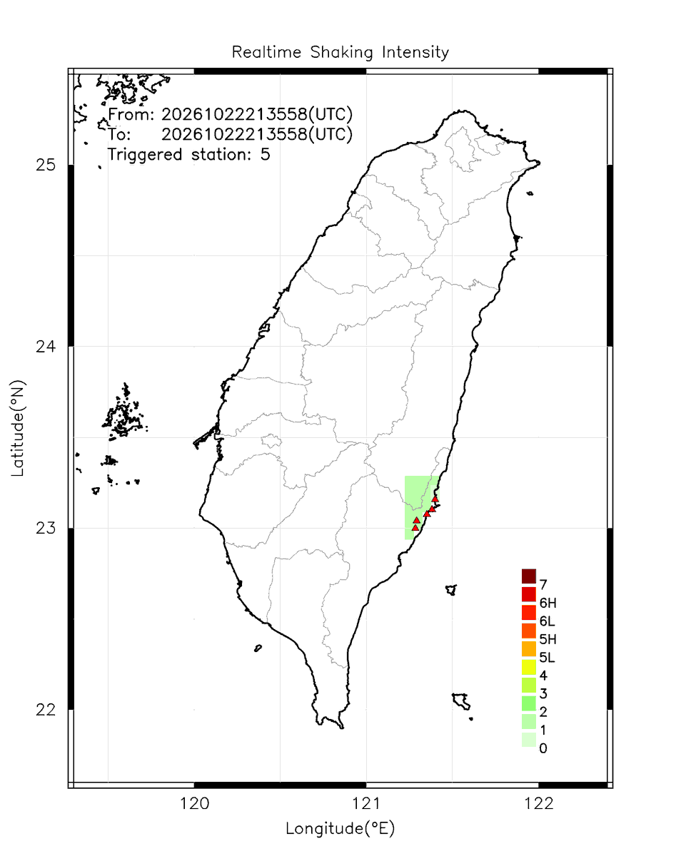 eew_p's tweet photo. Automatically Plotted Shakemaps:
* 2026-10-23 05:35:58 (UTC+08:00, Taipei)
* Evt. 20261023053558, First Report.
* Total 5 triggered stations

Note: These shakemaps are not yet confirmed, for reference only!
#地震 #台灣 #earthquake #Taiwan https://t.co/PBvnlbWor1