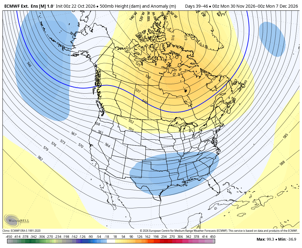 NbergWX's tweet photo. EL NIÑO is set to bring a major, significant, and possibly record setting winter of weather to Florida and the Gulf Coast this season.

The impacts probably start being felt regularly in the pattern the last 2 weeks of November.

Euro ensemble mean with a strong signal of suppressed storm track, higher than typical rain totals across Florida and the I-10 corridor. I expect somewhere in Florida to challenge a record for wettest winter on record. Whom that ends up being, no idea. But the table is set for that potential between Nov. 2026 and Mar. 2027.

The window of EL NIÑO impact in the weather pattern likely starts to settle in around a month from now.