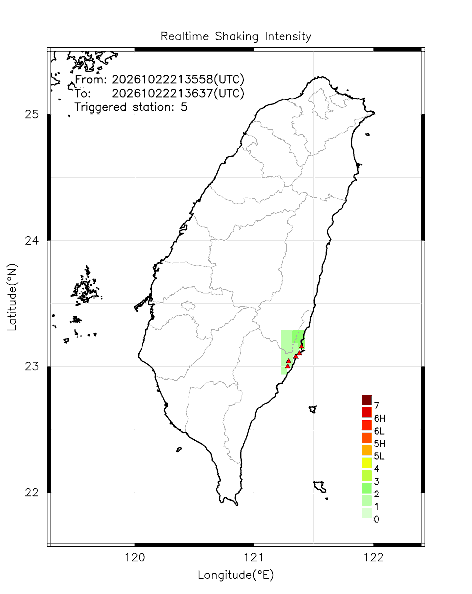eew_p's tweet photo. Automatically Plotted Shakemaps:
* 2026-10-23 05:36:37 (UTC+08:00, Taipei)
* Evt. 20261023053558, Final Report.
* Total 5 triggered stations

Note: These shakemaps are not yet confirmed, for reference only!
#地震 #台灣 #earthquake #Taiwan https://t.co/DNEew314Re