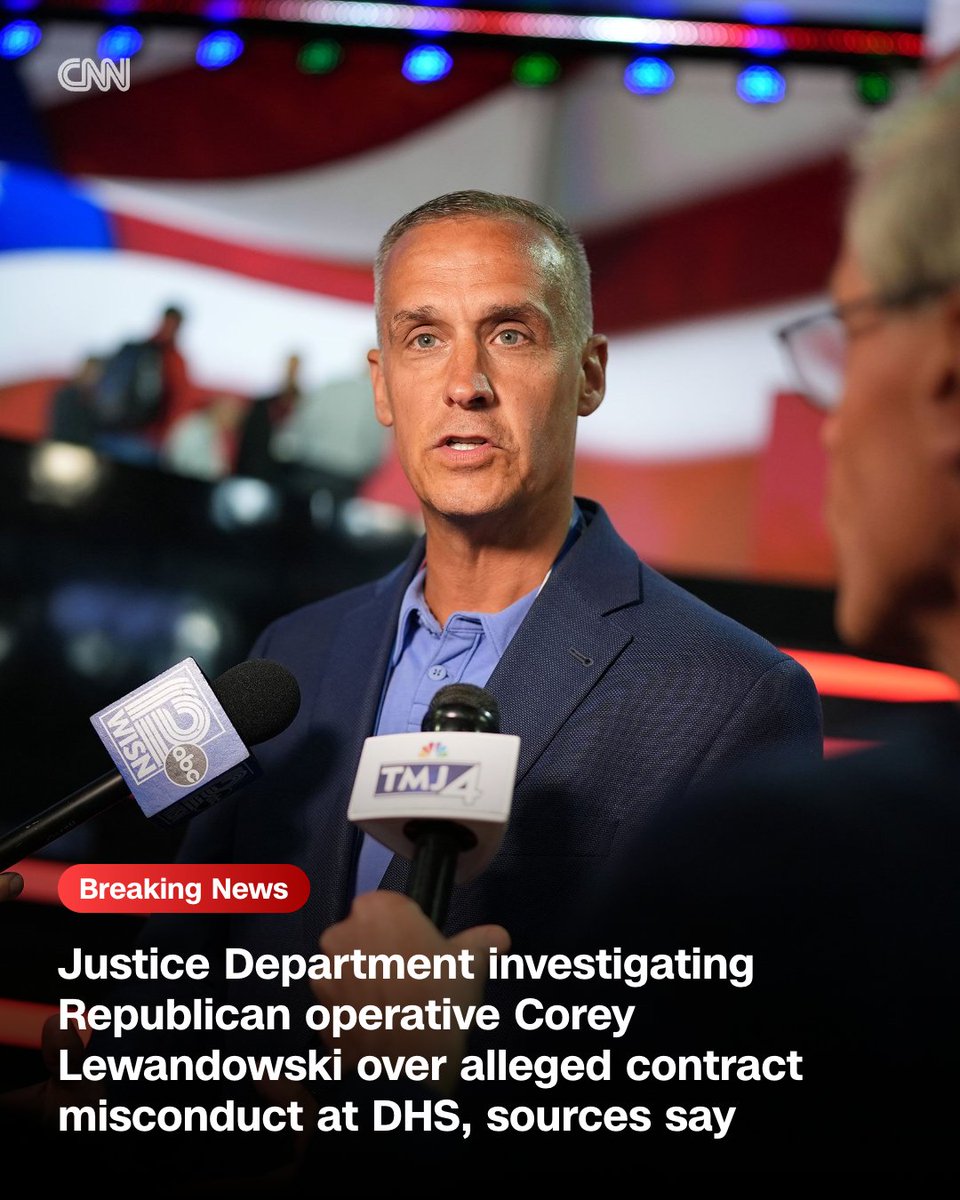 CNNPolitics's tweet photo. Justice Department prosecutors are investigating allegations of contract misconduct at the Department of Homeland Security, including the role of Corey Lewandowski who worked as de facto chief of staff to former Secretary Kristi Noem, according to multiple people familiar with the investigation. https://t.co/HhzFQ6FLlj