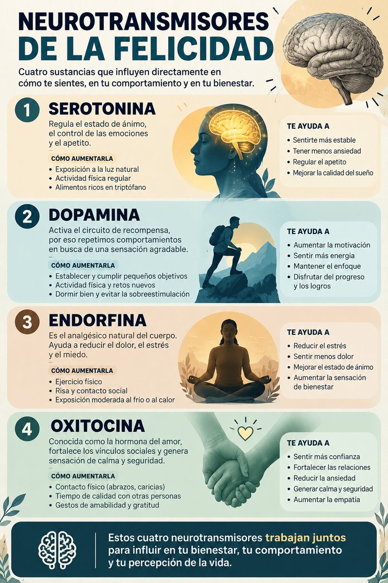MindBodyIsLife's tweet photo. Hay 4 sustancias que aparecen constantemente cuando hablamos de bienestar, motivación, relaciones y estado de ánimo.

Pero cada una cumple un papel diferente.

Dopamina, serotonina, oxitocina y endorfinas:

Esto es lo que debes saber.

1. Dopamina https://t.co/fNEq4tLfky
