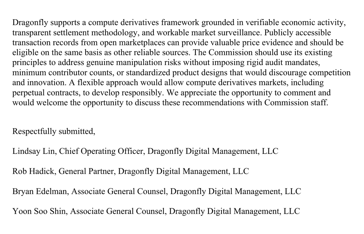 dragonfly's tweet photo. Our comment letter to the CFTC on compute derivatives contracts:

“The governing approach should be technology-neutral and risk-based”

Full letter: https://t.co/2MyXtuLMV9 https://t.co/JPuillCkW8