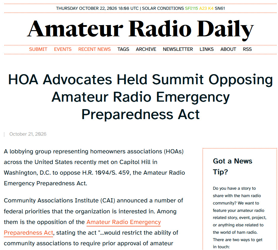 HamRadioOutlet's tweet photo. "HOA Advocates Held Summit Opposing Amateur Radio Emergency Preparedness Act" -- https://t.co/FSB41r0GoE
 ARRL Info: https://t.co/R7KDtEPivx
Ham Radio Outlet: https://t.co/uAjxJmV5N8 https://t.co/mCK2oxnq6R