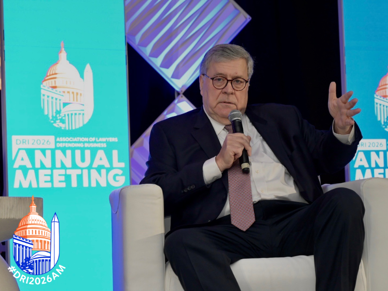 DRICommunity's tweet photo. This morning, attendees gathered for the Opening Session of DRI’s 2026 Annual Meeting featuring keynote speaker, United States Attorney General Bill Barr. Attendees joined Attorney General Barr and DRI President‑Elect Jill Rice for a fireside chat.

#DRI2026AM #DRICommunity #DC https://t.co/4VimsIA9Xn