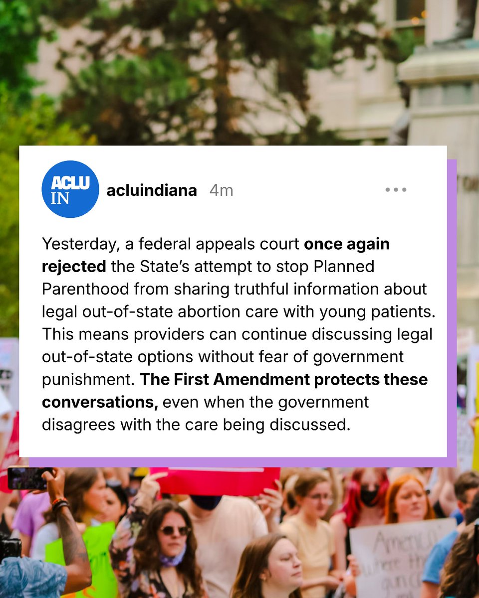 ACLUIndiana's tweet photo. Nearly a decade of litigation over whether providers can simply tell young patients the truth about their legal abortion care options.

A federal appeals court has again made it clear: the First Amendment protects those conversations.

Read more: https://t.co/DXMUZKkptX https://t.co/NUk7jOASN3