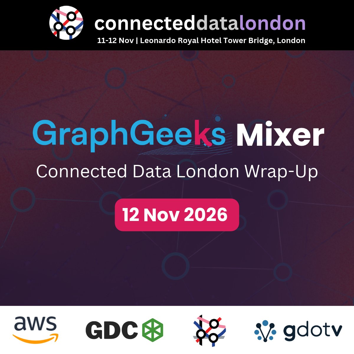 Connected_Data's tweet photo. Join GraphGeeks for our Connected Data London wrap-up mixer - an evening to unwind after the conference, catch up with familiar faces, meet new people and keep the conversations flowing around all things graphs, knowledge graphs and AI.

Come along to share ideas, hear what others are working on, and meet more people in the graph community!

📍 London, near Tower Bridge
🗓️ Friday, November 12 | 5:30 PM onwards
🍹 Drinks and light refreshments provided

You don’t need to attend Connected Data London to join this mixer - if you’re passionate about graphs or just graph-curious, you are welcome.

🌟 Space is limited, so register ahead and connect with us: https://t.co/A7evivZDZv

#GraphGeeks #ConnectedDataLondon #KnowledgeGraphs #GraphTechnology #AI #DataCommunity