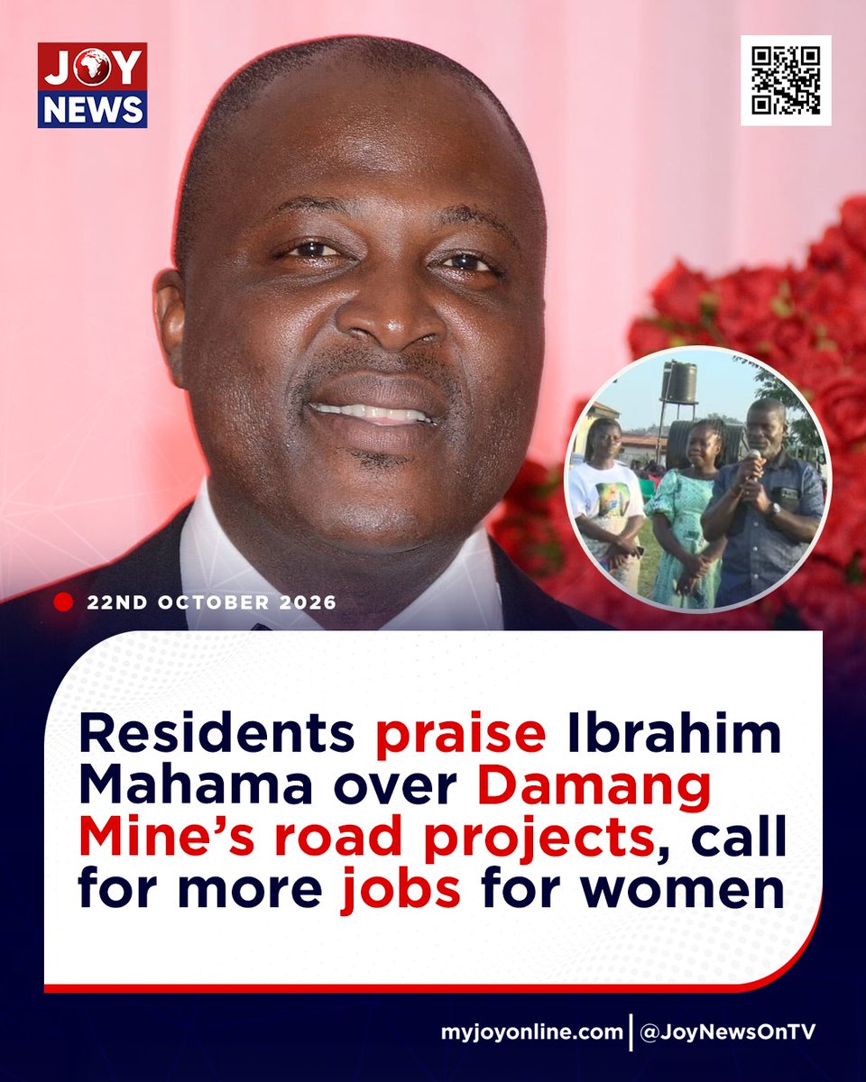 JoyNewsOnTV's tweet photo. Residents praise Ibrahim Mahama over Damang Mine’s road projects, call for more jobs for women

#JoyNews #GhanaNews #Myjoyonline #Joy997FM #Damang https://t.co/5yuXnYSOvP