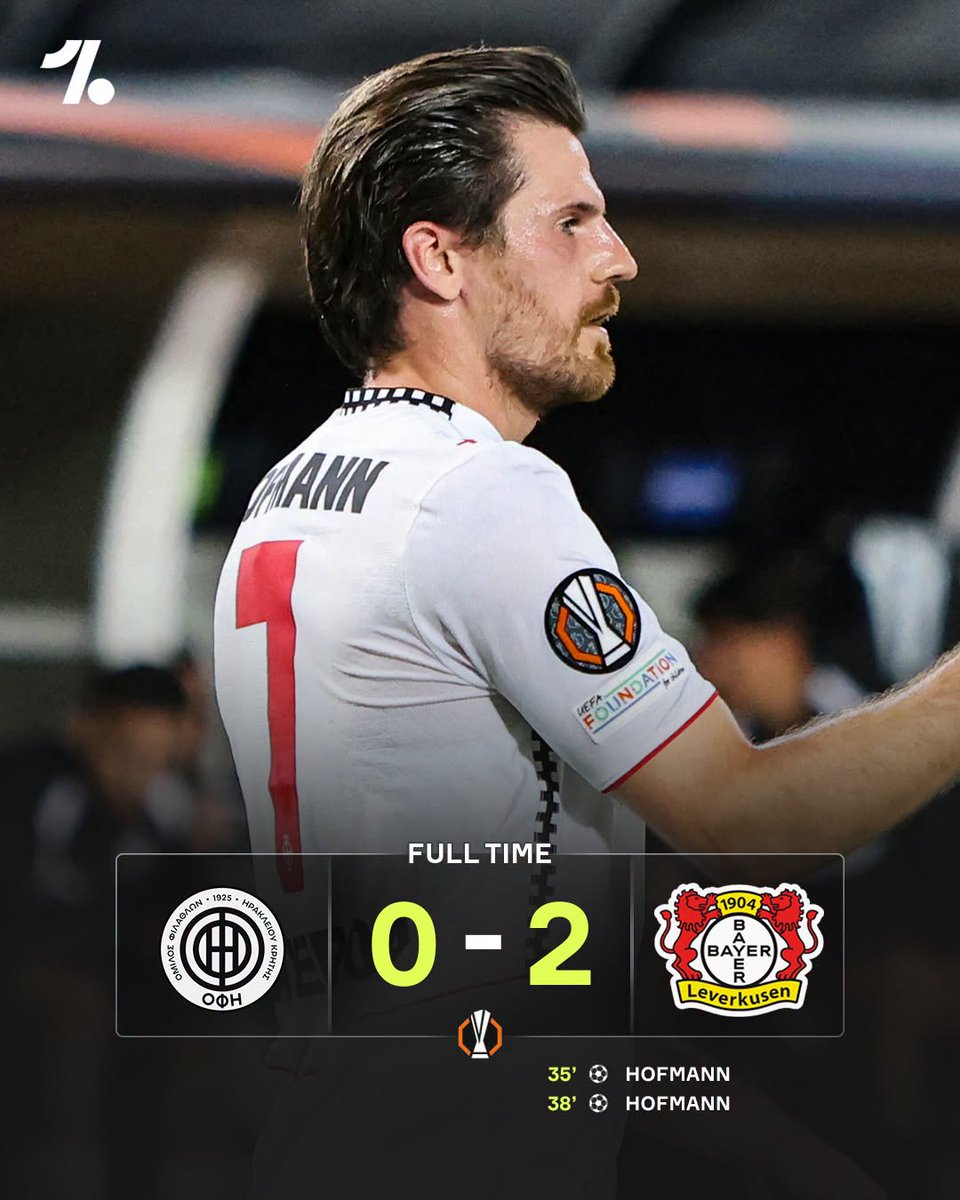 FCOneFootball's tweet photo. 🔚 FULLTIME

🇬🇷 OFI Creta 0-2 Leverkusen 🇩🇪

▪️ Jonas Hofmann’s brace seals all three points for Bayer Leverkusen.

#UEL #OFILEV https://t.co/WUScEnYXvd