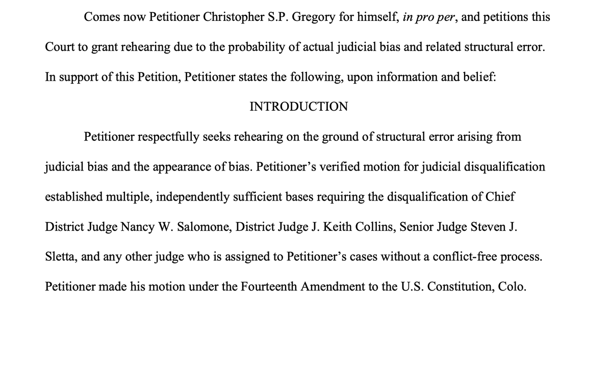 Joeoltmann's tweet photo. He Asked the Judge to Step Aside. The Judge Said No to Himself.

🚨 Christopher Gregory, the watchdog who won the first-ever discipline of a Colorado chief justice, asked for one thing: a judge without a conflict.

Judge J. Keith Collins was the judge he said was conflicted.

So who decided whether Collins should step aside?
Collins.

His answer, October 22, 2026: DENIED. No explanation. Not one word.
Gregory’s filing lays out six reasons Collins should have recused, including that he’s a material witness, recused from two identical cases with just “I recuse,” and refused to disclose his conflicts.

And the Attorney General’s office? Representing the other side in Gregory v. Weiser.

Colorado’s own Supreme Court says a judge must be “free of all taint of bias.” Apparently that rule has an exception. 🧵

#Colorado #JudicialCorruption #ChristopherGregory #DueProcess #JusticeDenied #COpolitics #UntamedNation #JoeOltmannUntamed

Joe’s Conversation W/ @TbartonDallas 

Cartels in Robes

Watch Today’s Episode
https://t.co/Nl6ZkbpJ0R 

Read The Document Here https://t.co/AXsoLK7VKy 

https://t.co/OArP4Dz60C 

Make sure to check out https://t.co/Fmsj6EIvzR for all your Untamed Nation merch needs!

Go to https://t.co/m6Si45VxOT and use Promo Code UNTAMEDNATION for 5% OFF Byrna Products

Protect your family from hackers by going to https://t.co/XOMHFe9Rmk NOW

Text UNTAMED to 89517 to get notified when we go live!

Text/Data rates may apply. Reply STOP to stop, HELP for help