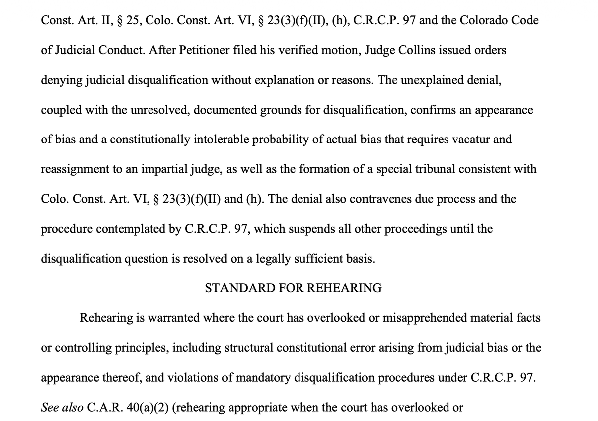 Joeoltmann's tweet photo. He Asked the Judge to Step Aside. The Judge Said No to Himself.

🚨 Christopher Gregory, the watchdog who won the first-ever discipline of a Colorado chief justice, asked for one thing: a judge without a conflict.

Judge J. Keith Collins was the judge he said was conflicted.

So who decided whether Collins should step aside?
Collins.

His answer, October 22, 2026: DENIED. No explanation. Not one word.
Gregory’s filing lays out six reasons Collins should have recused, including that he’s a material witness, recused from two identical cases with just “I recuse,” and refused to disclose his conflicts.

And the Attorney General’s office? Representing the other side in Gregory v. Weiser.

Colorado’s own Supreme Court says a judge must be “free of all taint of bias.” Apparently that rule has an exception. 🧵

#Colorado #JudicialCorruption #ChristopherGregory #DueProcess #JusticeDenied #COpolitics #UntamedNation #JoeOltmannUntamed

Joe’s Conversation W/ @TbartonDallas 

Cartels in Robes

Watch Today’s Episode
https://t.co/Nl6ZkbpJ0R 

Read The Document Here https://t.co/AXsoLK7VKy 

https://t.co/OArP4Dz60C 

Make sure to check out https://t.co/Fmsj6EIvzR for all your Untamed Nation merch needs!

Go to https://t.co/m6Si45VxOT and use Promo Code UNTAMEDNATION for 5% OFF Byrna Products

Protect your family from hackers by going to https://t.co/XOMHFe9Rmk NOW

Text UNTAMED to 89517 to get notified when we go live!

Text/Data rates may apply. Reply STOP to stop, HELP for help