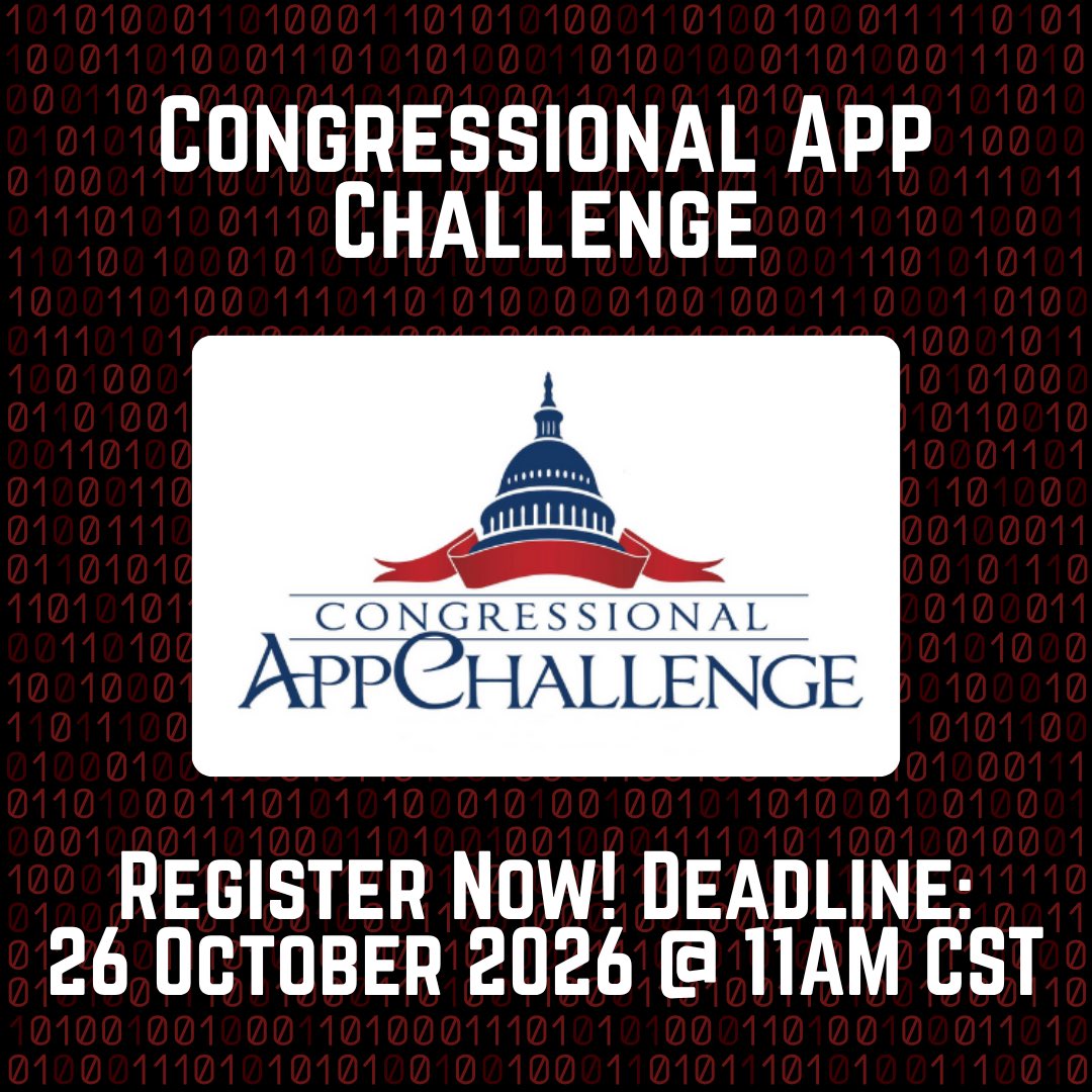A promotional graphic for a congressional app challenge. It has a black background patterned with red binary digits, large white lettering at the top and bottom, and a centered white panel containing a Capitol dome logo and a red ribbon. Text is present.