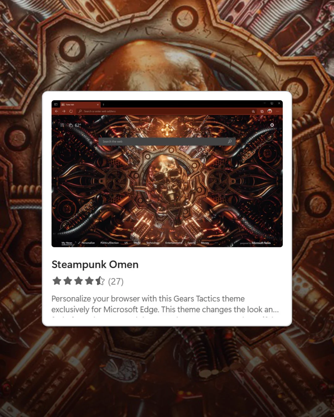 A theme for Microsoft Edge titled 'Steampunk Omen,' featuring a detailed steampunk design with gears and mechanical elements. It has a dark background and a central skull. Rating of 4.5 stars from 27 reviews is displayed.