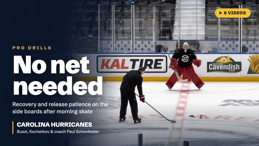 InGoalMedia's tweet photo. No net needed. Hurricanes goalie Brandon Bussi and goaltending coach @schone27 work pad-extension recoveries and patience on the release along the side boards.

New Pro Drills: https://t.co/JVHsEA0k9v https://t.co/hzSOMlLWpO