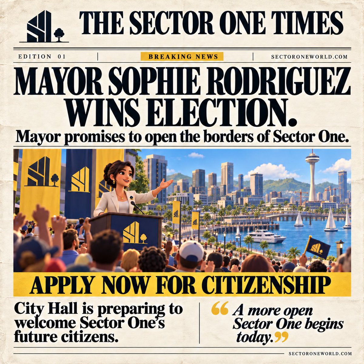 SectorOneWorld's tweet photo. ‼️BREAKING NEWS ‼️

Mayor Sophie Rodriguez WINS ELECTION! 🏦
Sector One will open its borders soon
999 Eligible Passports on @Opensea soon!

APPLY NOW FOR CITIZENSHIP
https://t.co/erbcMDUfIn
Post your boarding pass down below 👇 https://t.co/mRdD9z87W8