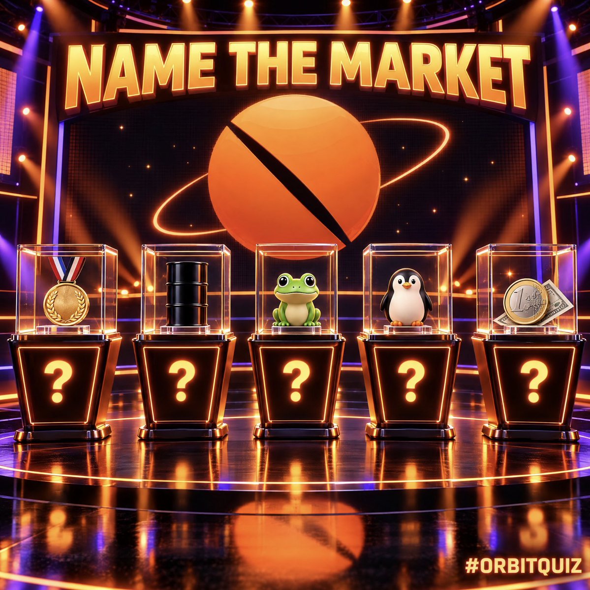 OrbitPerps's tweet photo. Name the markets: #OrbitQuiz 🧠

Five objects, five markets you can trade on Orbit:
🥇 🛢️ 🐸 🐧 💶💵

$50 up for grabs! 2x $25 $SOL prizes up for grabs!

1. Reply with your answers + Solana address.
2. Repost this.

Ends Sunday Oct 25th, 18:00 UTC. Winners announced here.

https://t.co/bAZXmLuZaj
