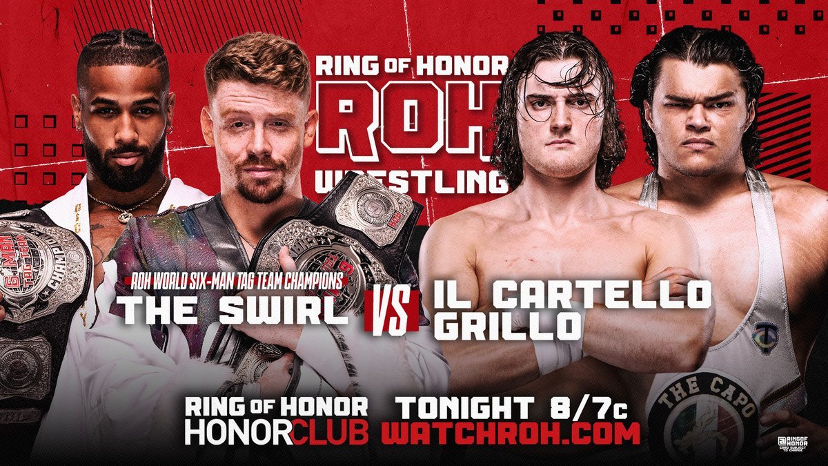 AEWFrance1's tweet photo. 🔥 UNE OCCASION DE MARQUER LES ESPRITS ! 🔥

KayJay Impala et Hayden Seal, de Il Cartello Grillo, s’apprêtent à relever un défi de taille face aux champions du monde par équipes en trois de la #ROH ! 💥🏆

⚔️ IL CARTELLO GRILLO
KayJay Impala & Hayden Seal

🆚

👑 THE SWIRL
@_BlakeChristian & @BigShottyLee

Les champions sont prêts à défendre leur statut, mais leurs adversaires auront une occasion en or de se faire remarquer ! 👀

📺 Regardez #ROHTV sur #HonorClub !

#ROH #TheSwirl #Wrestling