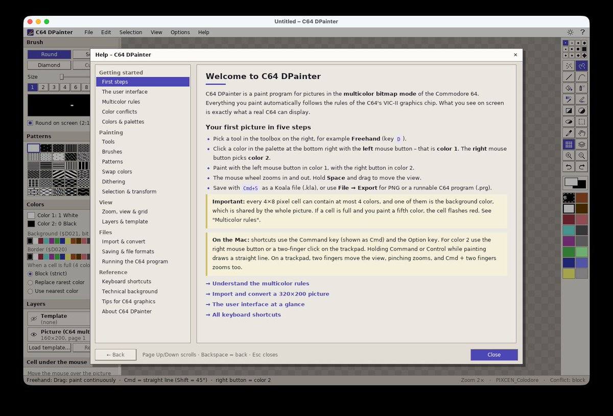 Commodore_lives's tweet photo. C64 DPainter Version 0.95 beta - A paint program for Commodore 64 multicolor bitmap pictures - for Windows, macOS and Linux - https://t.co/WMKuyqZi6G #retrocomputing #graphics https://t.co/E83JTApYlo