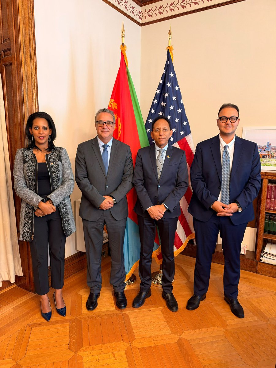 EmbassyEritrea's tweet photo. It was an honor to receive H.E. Mohamed Hamdy El-Molla, Ambassador of the Arab Republic of Egypt to the #UnitedStates.

We had a productive discussion on the excellent bilateral relations between #Eritrea and #Egypt, as well as developments across the #RedSea Basin and the #HornOfAfrica, with a focus on advancing bilateral and multilateral cooperation to achieve our shared goals.

We also agreed to strengthen our coordination and joint efforts to deepen understanding among relevant #US government officials, lawmakers, and other stakeholders, encouraging constructive engagement and a positive role in promoting #peace and #stability in our region.

#EritreaPrevails