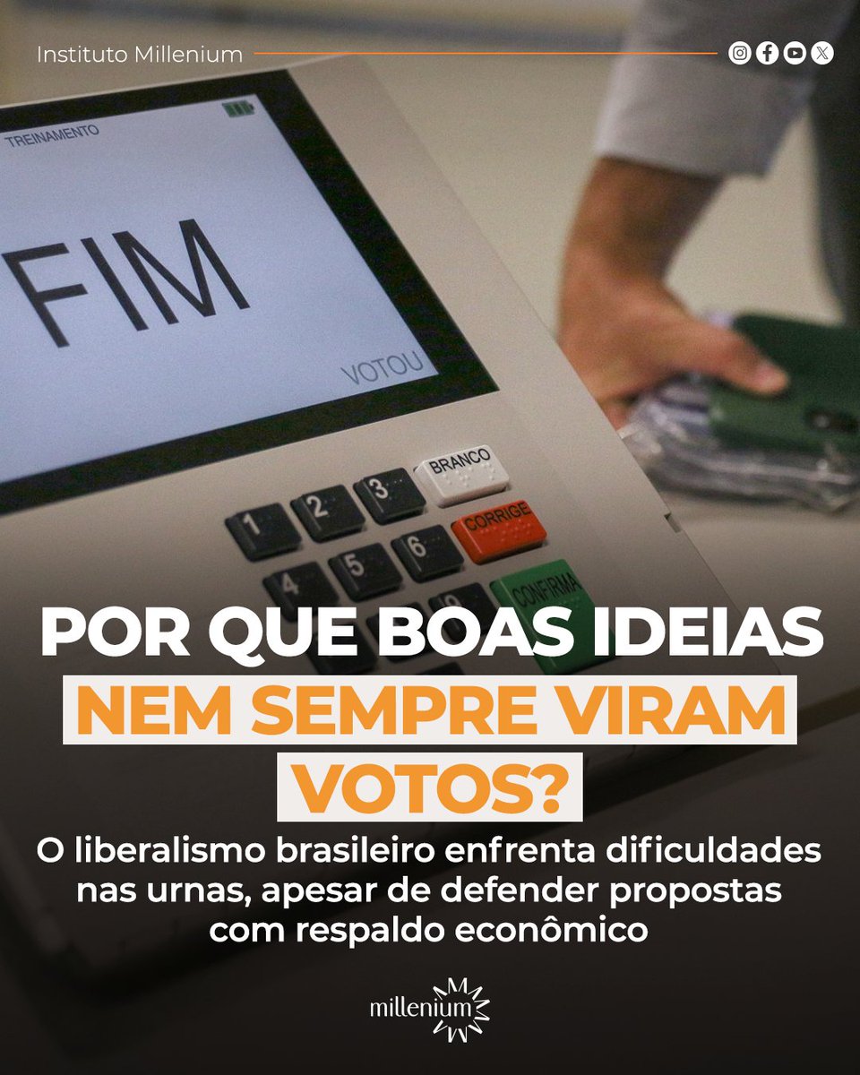 instmillenium's tweet photo. Ter boas ideias e lideranças qualificadas é suficiente para conquistar espaço na política? Os resultados eleitorais mostram que transformar propostas em apoio popular exige mais do que conhecimento técnico: é preciso comunicação eficaz, organização e capacidade de construir alianças. Em artigo publicado em nosso espaço na Exame, Gabriel Costa analisa os desafios do liberalismo brasileiro e argumenta que a principal fragilidade do movimento não está em suas ideias, mas no método utilizado para apresentá-las e transformá-las em resultados eleitorais. A reflexão destaca a importância de conectar princípios à realidade das pessoas, traduzir propostas complexas em mensagens acessíveis e compreender a dinâmica da disputa política. Afinal, como transformar conhecimento e liderança em influência efetiva? Acesse a íntegra: https://t.co/nbPCuz4N0h