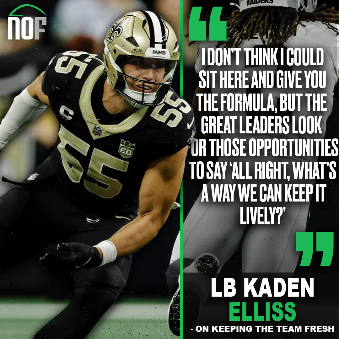 nofnetwork's tweet photo. #Saints LB Kaden Elliss said international games offer a chance to break away from the rhythmic nature of a typical NFL schedule and keep things fresh.

When asked how to do that when the team does not have an overseas trip, Elliss shared a story about former HC Sean Payton throwing fish to all of the players with ties to the Pacific Northwest after a road win at Seattle. 

Elliss spoke to finding those moments to refresh the team amid a long season: