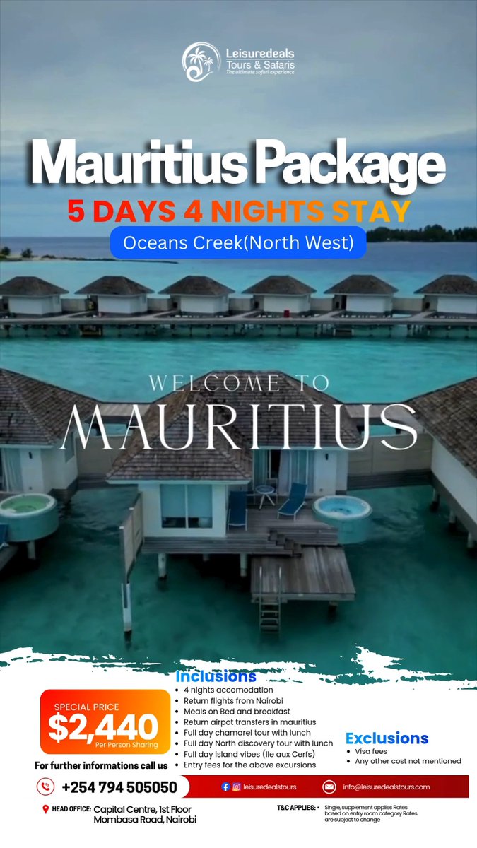 ValeeLodii's tweet photo. Mauritius from USD 2, 440 per person sharing. Enjoy 4 nights at Oceans Creek, return flights from Nairobi, breakfast, transfers and three full-day excursions with lunch. Valid until 30 September 2026. Subject to availability. https://t.co/ZvZcBKhL3U