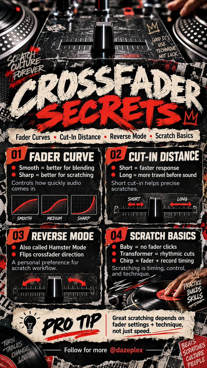 dazeplex's tweet photo. 🎚️ CROSSFADER SECRETS 💿
Smooth curve = gradual blends. Sharp curve = quick cuts.
Cut-in distance = travel before audio starts.
Hamster mode reverses crossfader sides.
Baby, Transformer & Chirp scratches rely on timing.
Normal or Hamster? 👇
#Turntablism #ScratchDJ https://t.co/fHHIxzLYg5