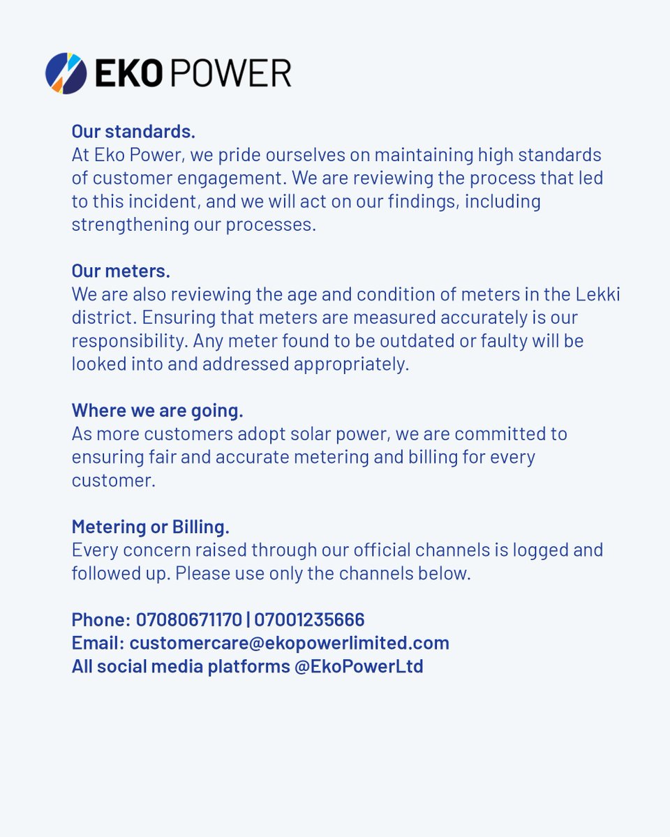 ekopowerltd's tweet photo. Eko Power clarifies its position on the Lekki customer metering issue.  

Read the full release in the images above. For support, contact customercare@ekopowerlimited.com or call 07080671170.
#EkoPowerLtd #Metering https://t.co/Rj36VuYRAJ