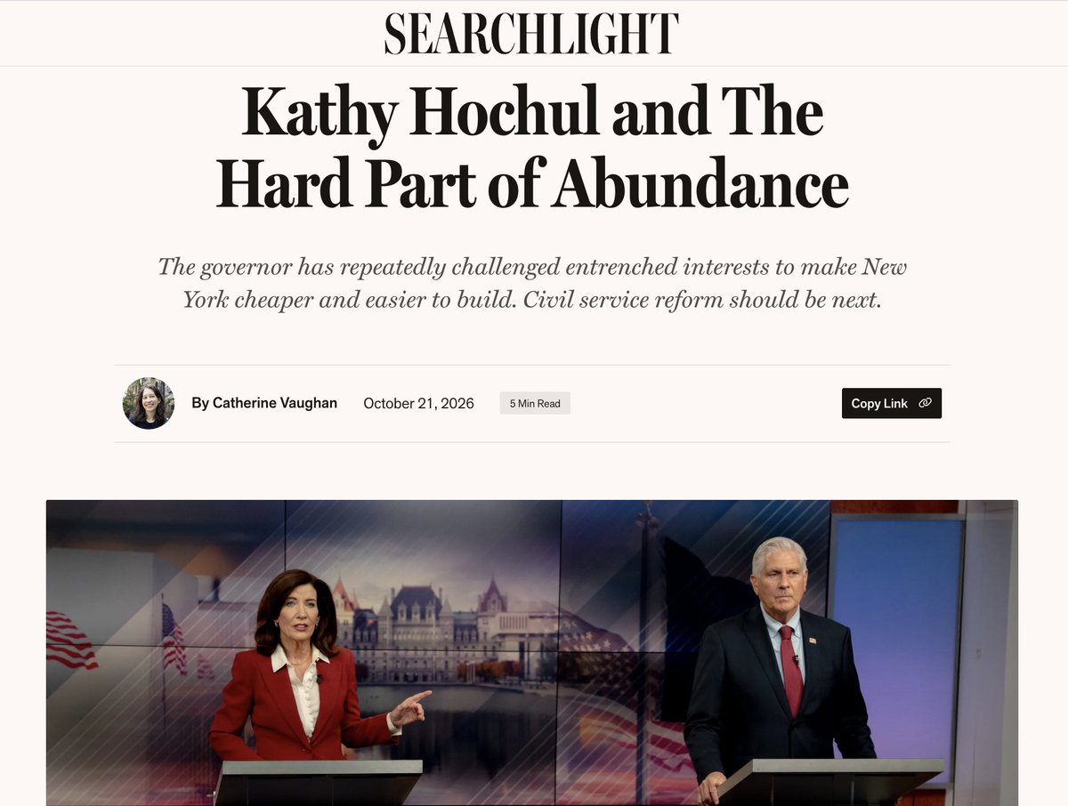 CV0's tweet photo. Excited to share my latest in @Searchlight_NY about why @abundance_ny is endorsing Gov Hochul. Hochul has repeatedly done the hard parts of abundance, standing up to entrenched interests to make it easier for NY to build. Her next big challenge: making it easier for NY to hire. https://t.co/gsHnHKj8Qe