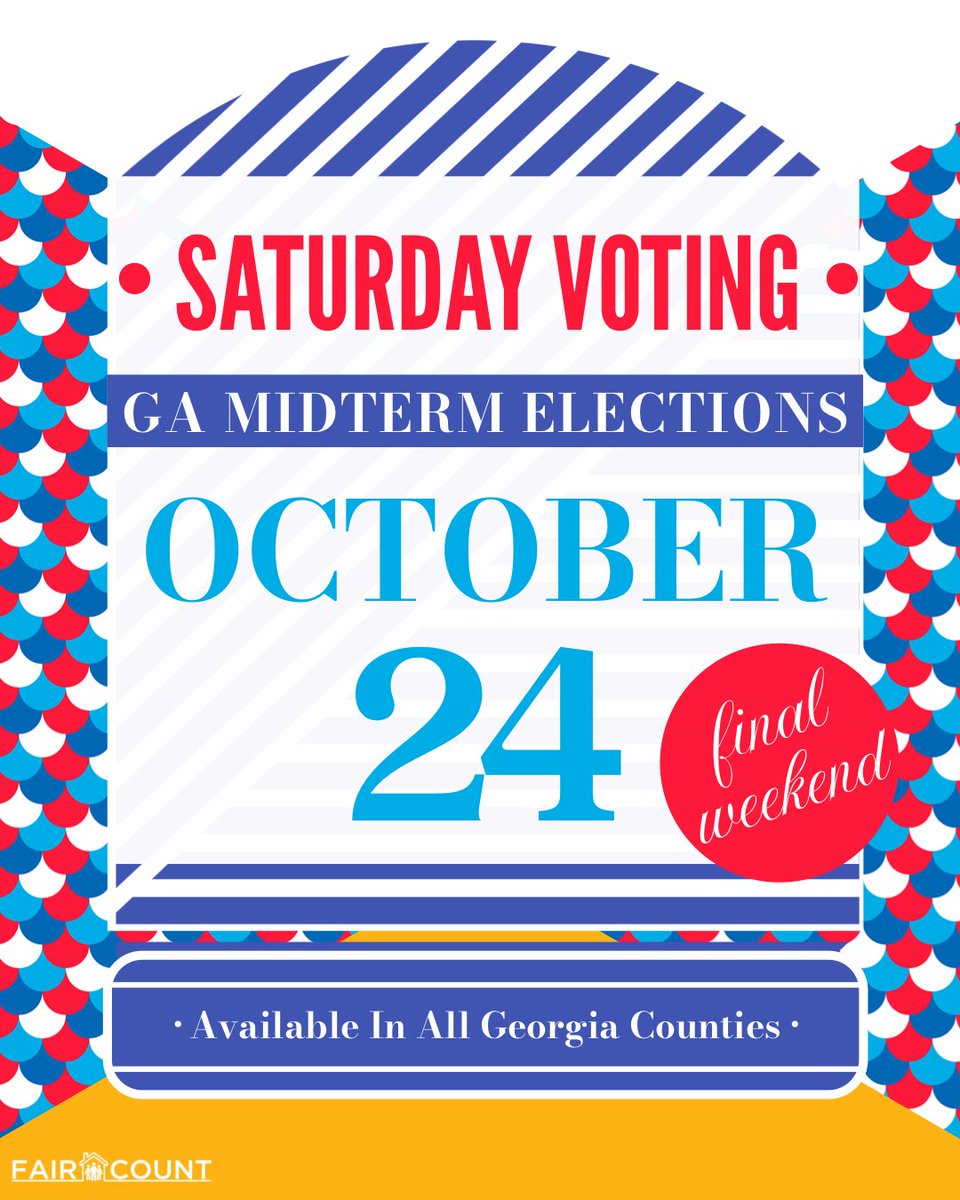 faircount's tweet photo. GA🍑 — This is the last weekend of EARLY VOTING in person! You can vote across the state on SATURDAY. Additionally, your county **may** also offer Sunday voting. Take photo ID and a friend!

Find your early voting location(s) and hours 👉🏾 https://t.co/FFxRWRGKlr https://t.co/XOYUdCC9i5