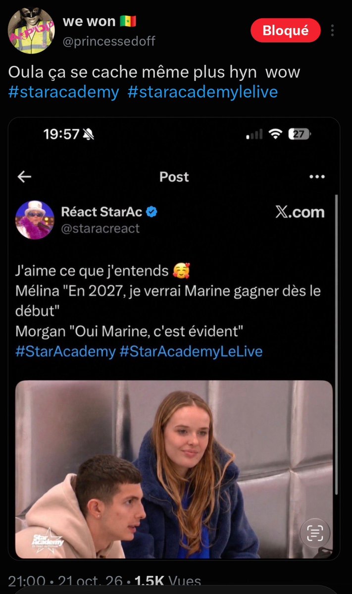 Lydea_s's tweet photo. Regardez jusqu’où elles sont capables d’aller. C’est grave ! 
Les candidats parlent évidement de la victoire de Marine à la star et pas de l’autre. Et dans le seul but d’inciter à la haine. C’est de la diffamation et c’est puni par la loi. #StarAcadamy https://t.co/qHr8JBkiQ0