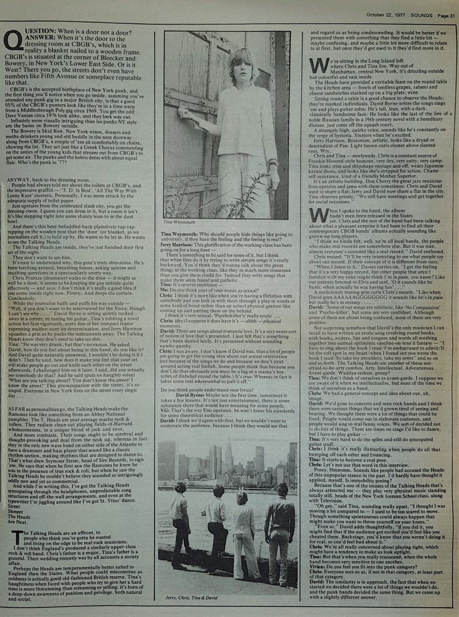 SoundsClips's tweet photo. An article on Talking Heads by Vivien Goldman in Sounds 22nd, October 1977.
@TalkingHeadsNet
@1Tomtommail
@PunkProfessor https://t.co/0R7d4IPdJB