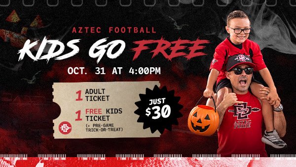 GoAztecs's tweet photo. Halloween with the Aztecs 🎃

For just $30, families can enjoy 1 adult game ticket, 1 FREE kids game ticket, access to pregame trick-or-treating starting at 2PM, and a trick-or-treat clear bag!

🎟️: https://t.co/OtvJ2LmuTJ

#GoAztecs https://t.co/NiegLoe5yD