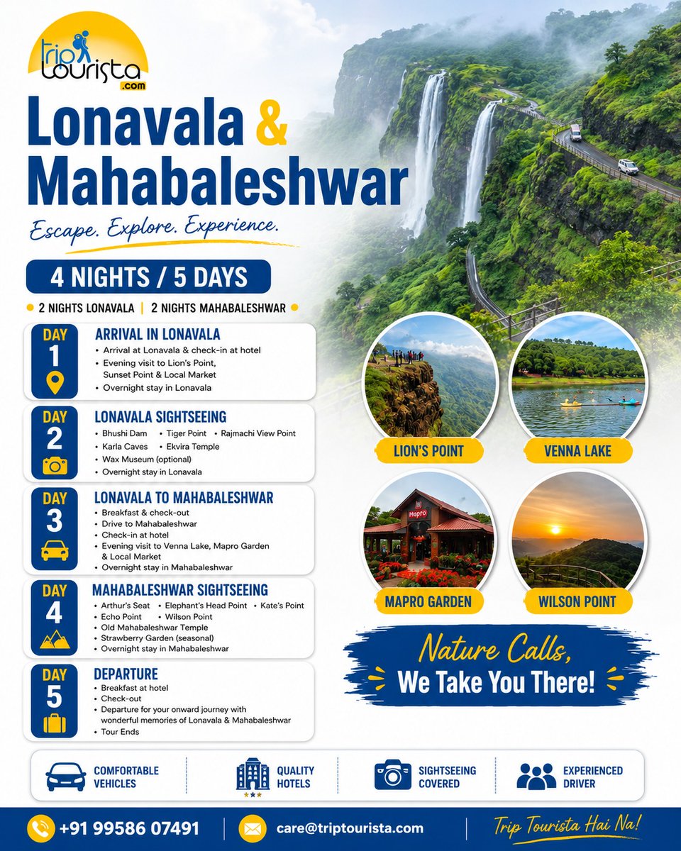 JimenaVs86's tweet photo. Nature calls, and Trip Tourista takes you to Lonavala &amp; Mahabaleshwar. Enjoy a refreshing 4 Nights/5 Days getaway with scenic views, comfortable stays, sightseeing, Mapro Garden and more. Perfect for family, friends or a special escape. https://t.co/mYS29ZY9pB