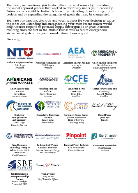NTU's tweet photo. In the face of ongoing disruptions in energy supplies, a coalition encourages @POTUS to announce an extension of your Jones Act waiver.

@AmerComm @AFPhq @aea @ForFreeMarkets @taxreformer @CFEconomy @CFandP @CTR4Transport
@ceidotorg @ConsumerChoiceC @exiledpolicy @VanceGinn @IWF @Pinpoint_Policy @RioGrandeFndn
@SBECouncil @JoinYoungVoices