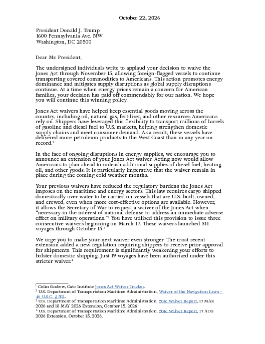 NTU's tweet photo. In the face of ongoing disruptions in energy supplies, a coalition encourages @POTUS to announce an extension of your Jones Act waiver.

@AmerComm @AFPhq @aea @ForFreeMarkets @taxreformer @CFEconomy @CFandP @CTR4Transport
@ceidotorg @ConsumerChoiceC @exiledpolicy @VanceGinn @IWF @Pinpoint_Policy @RioGrandeFndn
@SBECouncil @JoinYoungVoices