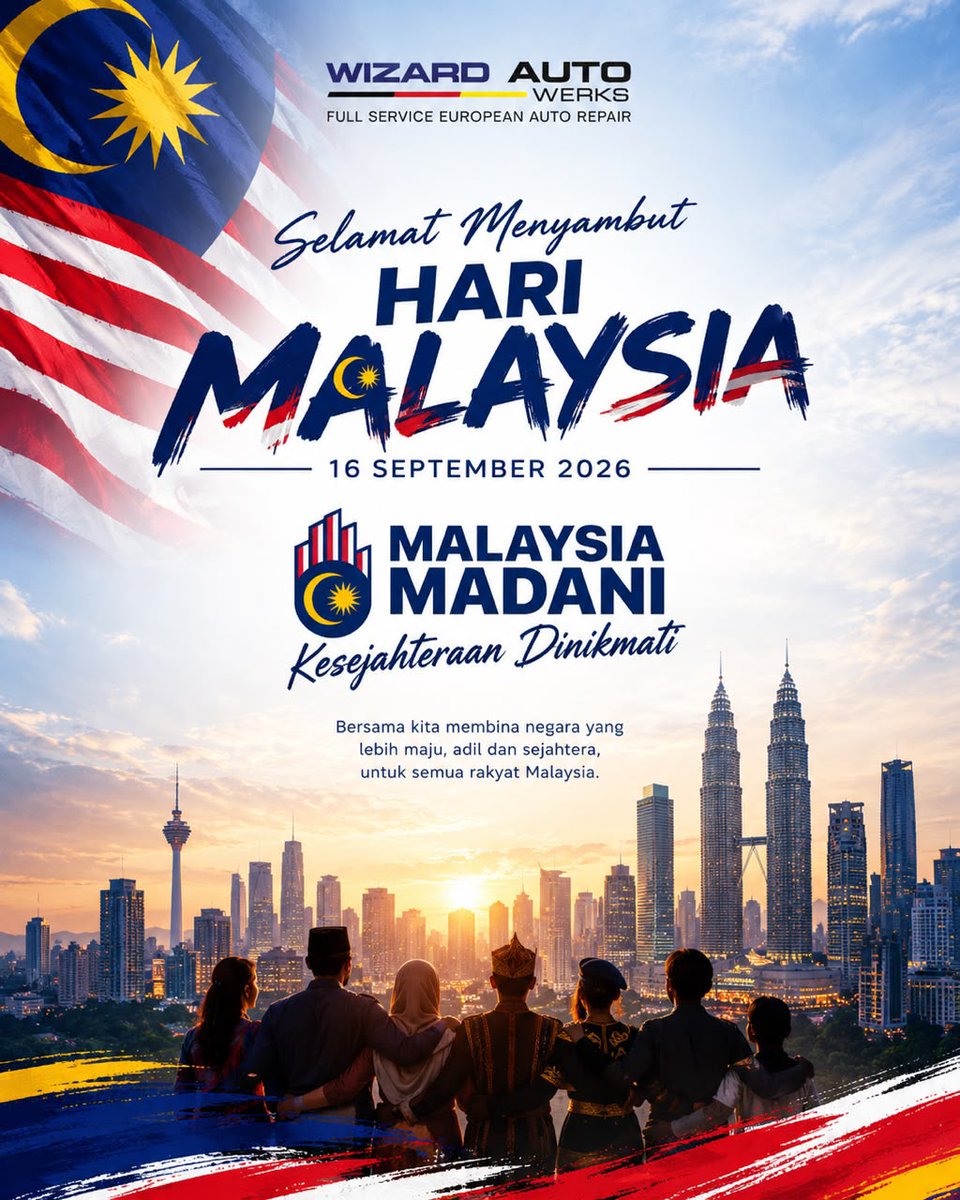 PJones85's tweet photo. Hari Malaysia | 16 September 2026

Wizard Auto Werks will be temporarily closed from 16–20 September 2026 and resume operations on Monday, 21 September 2026. Thank you for your support. Selamat Hari Malaysia! https://t.co/chR823FlPb