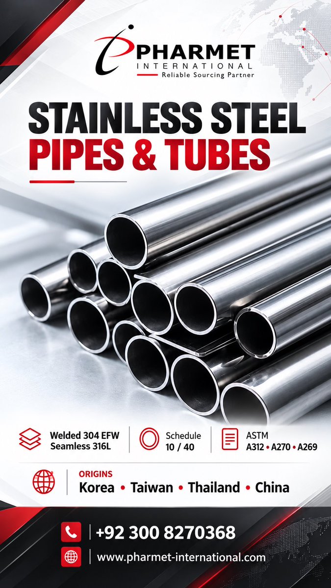 Pharmet_Intl's tweet photo. Stainless Steel Pipe …
#StainlessSteelPipe #StainlessSteelPipes #SSPipes #StainlessSteelTubes #SSPipeAndTube #StainlessSteel #SS304 #SS316 #SS202 #IndustrialPipes #SeamlessPipes #WeldedPipes #SteelIndustry #MetalTrading #SteelTrading #IndustrialMaterials #StainlessSteel https://t.co/OgPlWnZ8KK