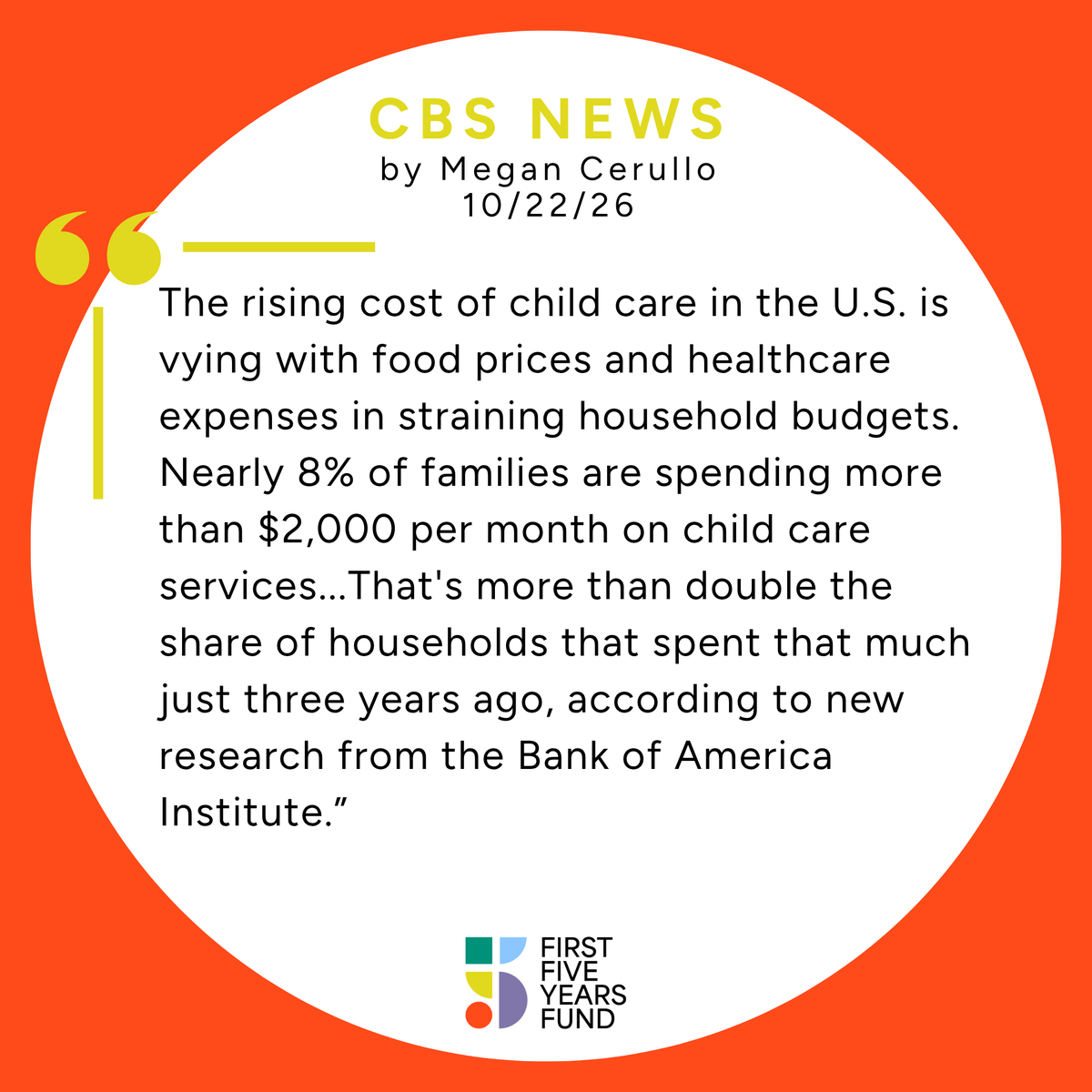 firstfiveyears's tweet photo. Worth a Read: @MeganCerullo from @CBSNews shares new data revealing that child care costs are rising faster than rent, putting even more pressure on family budgets.

And voters are feeling it: Our polling finds that 82% of voters say child care costs are part of the broader affordability crisis.