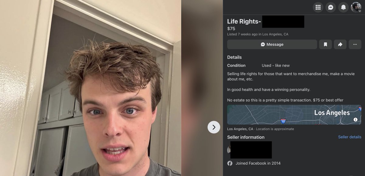 Bill_Gerrard's tweet photo. Random guy in LA is selling his life rights on Facebook Marketplace for $75, lol https://t.co/pgomJUeFnq
